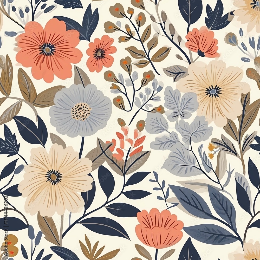 custom made wallpaper toronto digitalElegant Floral Pattern Seamless Design with Coral, Blue, and Cream Blooms