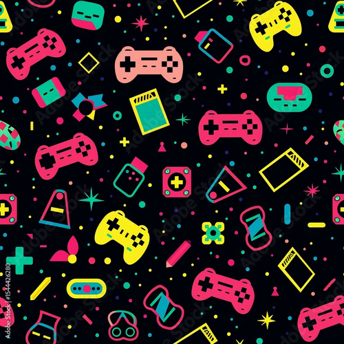 Retro Gaming Seamless Pattern 80s and 90s Video Game Controller and Console Design