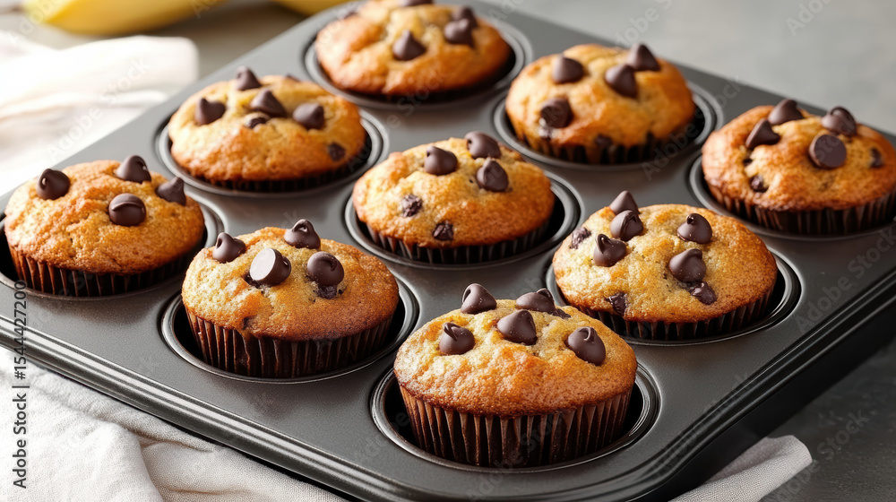 Freshly baked banana muffins topped with chocolate chips in muffin tray, perfect for sharing Freshly baked banana muffins topped with chocolate chips in muffin tray, perfect for sharing