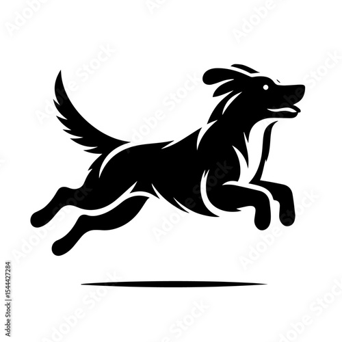 Black and white vector silhouette of a dog jumping on white background