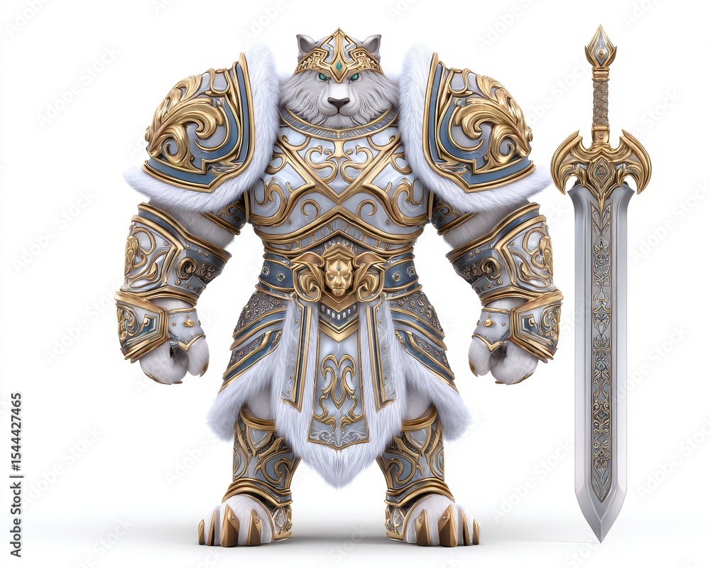 Fototapeta premium Powerful Anthropomorphic Wolf Warrior in Ornate Armor and Large Sword