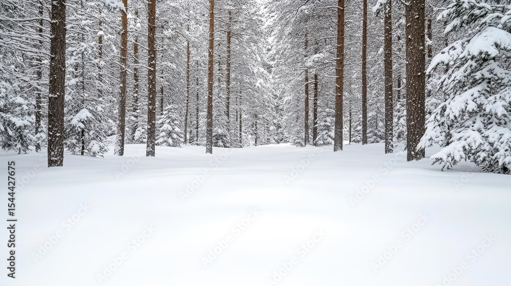 Snowy winter forest with tall trees and serene atmosphere, inviting tranquility and peace Snowy winter forest with tall trees and serene atmosphere, inviting tranquility and peace