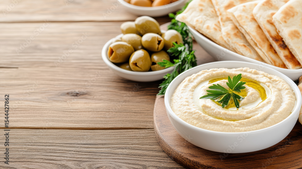 Creamy hummus served with pita bread and olives rustic wooden table, creating delightful spread Creamy hummus served with pita bread and olives rustic wooden table, creating delightful spread