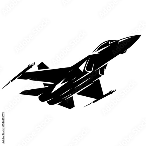 Black and white vector silhouette of a fighter jet on white background