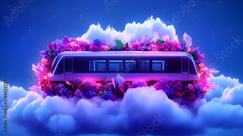 Floral Train on Clouds, Night Sky, Surreal Transport