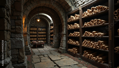 An evocative image of a stone-walled library vault.