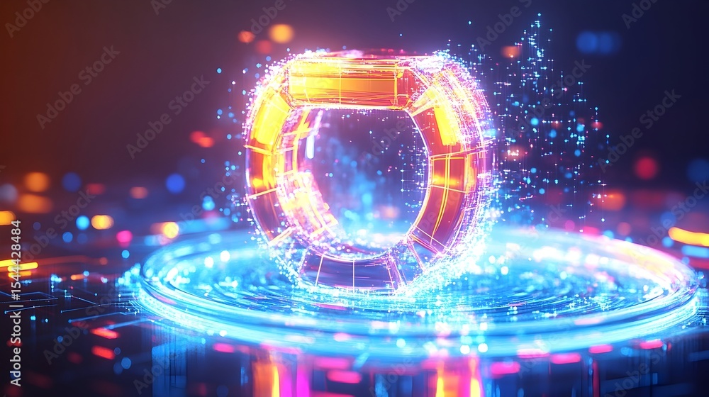 Obraz premium Glowing digital ring on futuristic platform