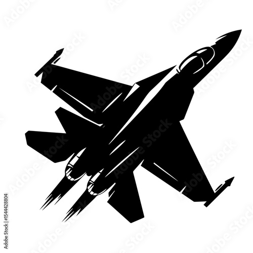 Black and white vector silhouette of a fighter jet on white background