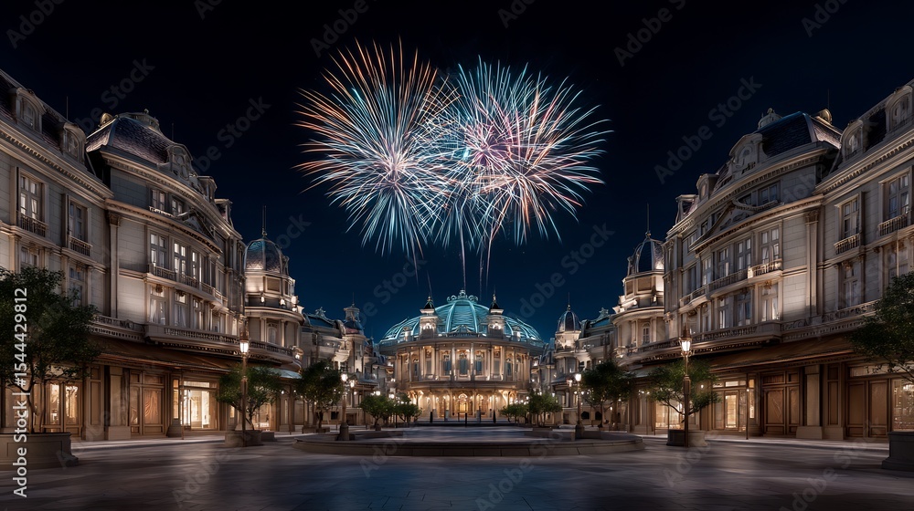 Naklejka premium Spectacular Fireworks Display Illuminating Parisian Architecture at Night Time