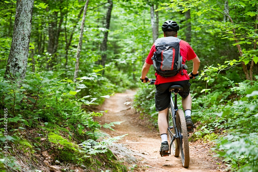 Naklejka premium Eco-Friendly Cyclist Riding on Trail Through Lush Green Forest
