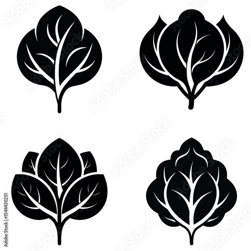 Four Black and White Silhouettes of Stylized Spinach Plants with Clear Vein Structures