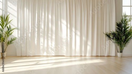 Bright studio space with pale curtains and peaceful plants creating calm atmosphere