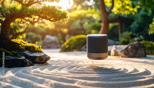 A modern smart speaker hovers in a tranquil zen garden, symbolizing harmony between technology and nature.