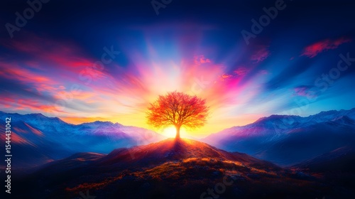 Sunrise, autumn tree, mountain, vibrant sky, hope