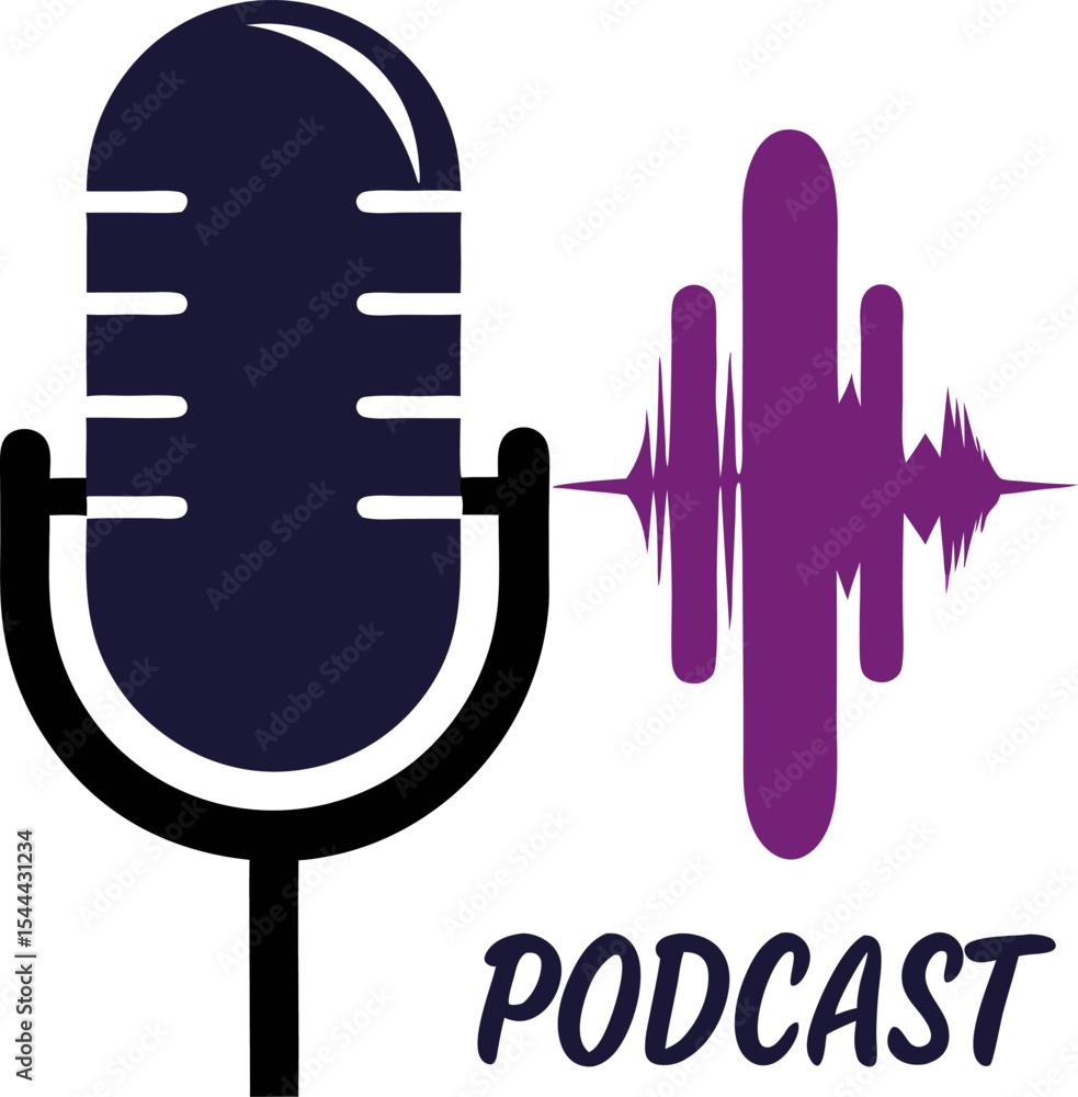 Podcast promo graphic: microphone silhouette, waveform background with white background. Podcast promo graphic: microphone silhouette, waveform background with white background.
