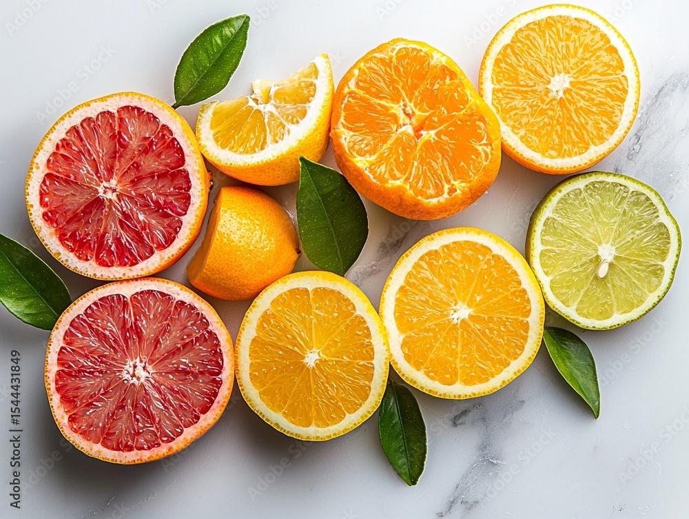 high-quality photograph, still life of fresh citrus fruits sliced and arranged on a marble surface with natural light. Generative AI high-quality photograph, still life of fresh citrus fruits sliced and arranged on a marble surface with natural light. Generative AI