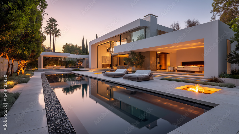 Fototapeta premium Modern luxury house with swimming pool at evening