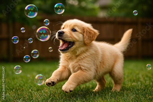Golden Retriever Puppy Chasing Bubbles - Photo
