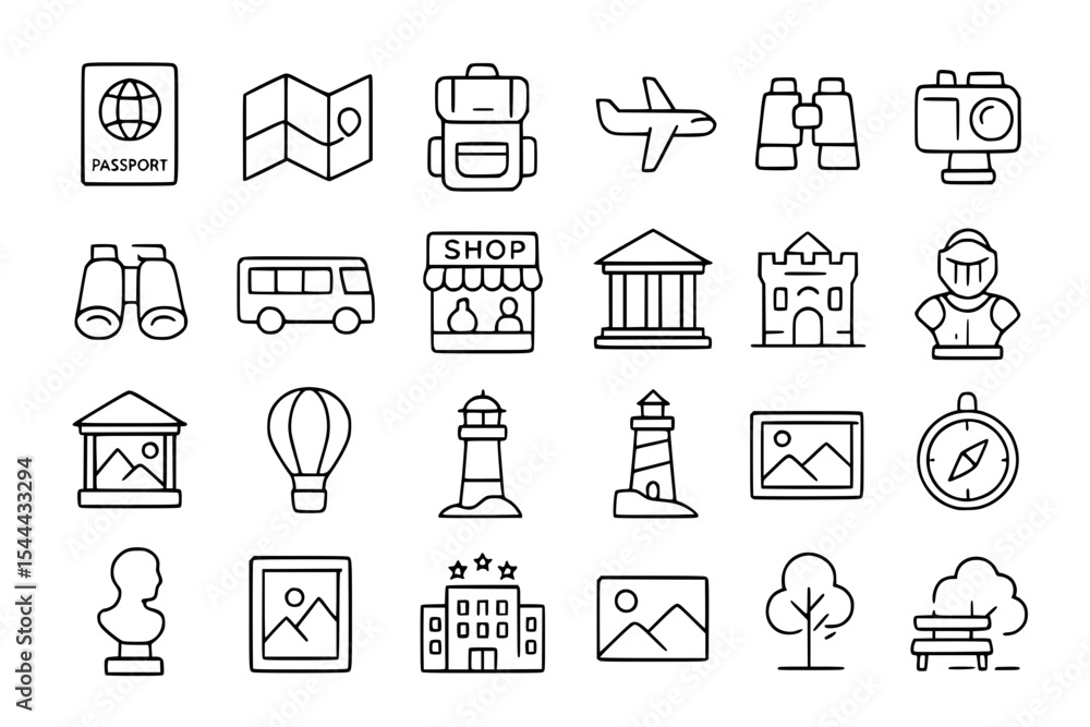 Fototapeta premium Travel and Tourism Line Icons Set. Travel, tourism, vacation, holiday, journey, adventure, explore, world, globe, map, pinpoint, compass, passport, ticket, luggage, suitcase, airplane, car, boat, trai