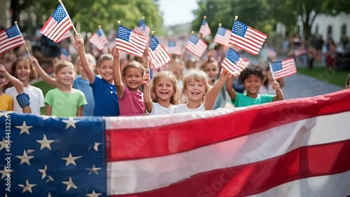 Kids in parade waving flags celebrating national holiday
