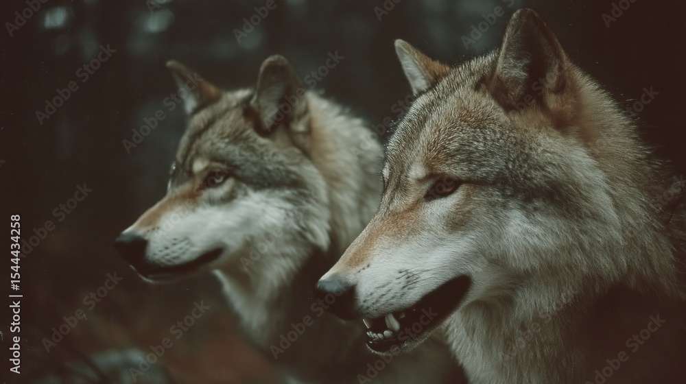 Fototapeta premium Vintage 35mm photo of wild wolves showing teeth in forest with muted tones, deep shadows, grainy film, warm tungsten light and cinematic atmosphere of isolation and mystery.