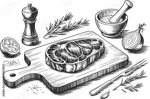 Illustration of steak on cutting board with spices and ingredients