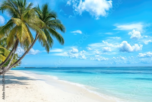 Wallpaper Mural Tropical beach scene with palm trees.  Tranquil turquoise water, white sand, sunny day Torontodigital.ca