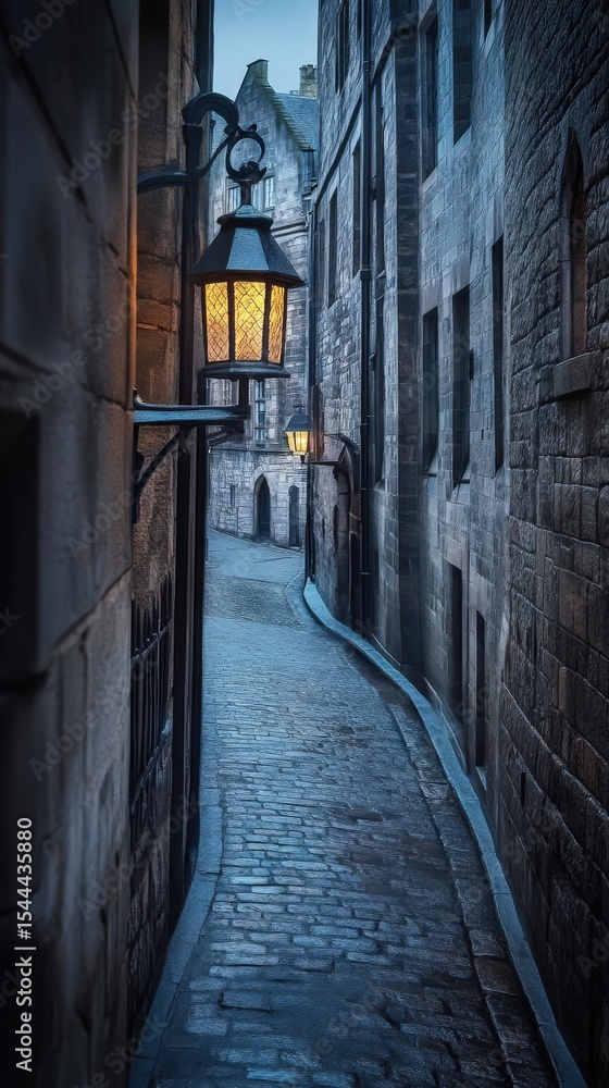 Cobblestone Alley with Gas Lamps at Dusk Cobblestone Alley with Gas Lamps at Dusk