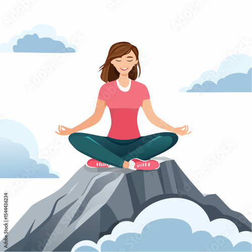Woman meditating on mountain cliff above the clouds. Alone travel healthy lifestyle
