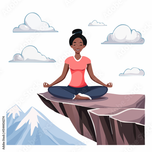 Woman meditating on mountain cliff above the clouds. Alone travel healthy lifestyle
