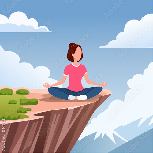 Woman meditating on mountain cliff above the clouds. Alone travel healthy lifestyle