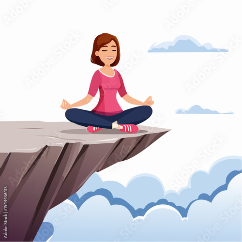Woman meditating on mountain cliff above the clouds. Alone travel healthy lifestyle