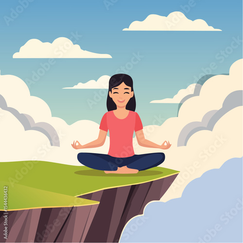 Woman meditating on mountain cliff above the clouds. Alone travel healthy lifestyle