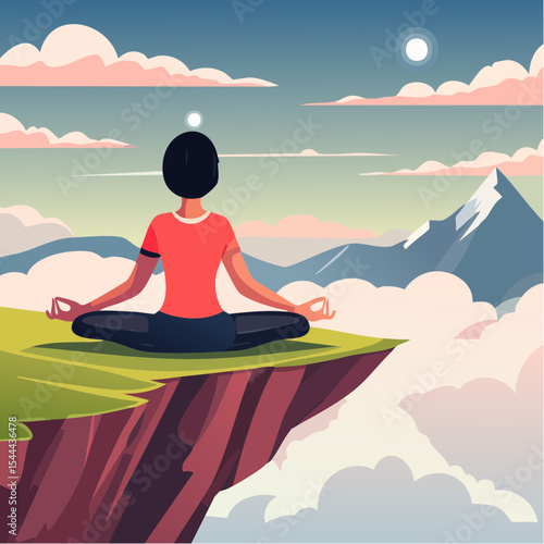 Woman meditating on mountain cliff above the clouds. Alone travel healthy lifestyle