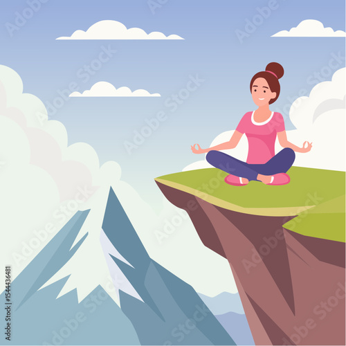 Woman meditating on mountain cliff above the clouds. Alone travel healthy lifestyle