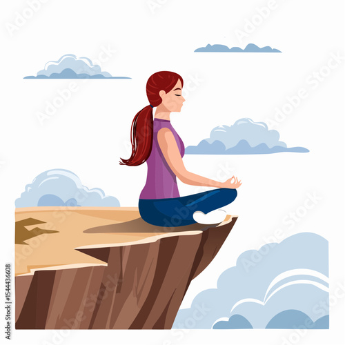 Woman meditating on mountain cliff above the clouds. Alone travel healthy lifestyle