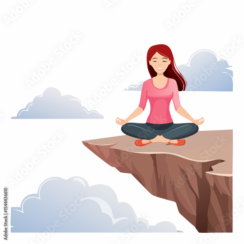 Woman meditating on mountain cliff above the clouds. Alone travel healthy lifestyle