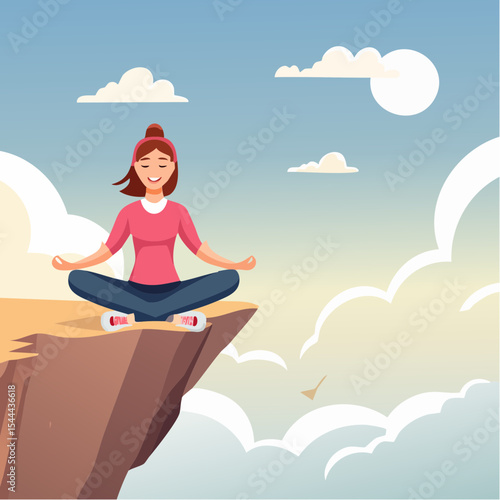 Woman meditating on mountain cliff above the clouds. Alone travel healthy lifestyle