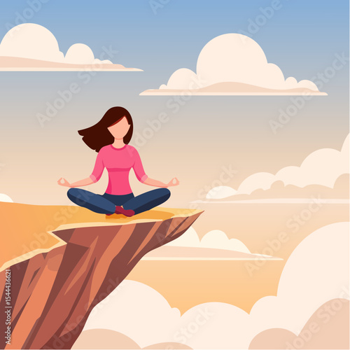 Woman meditating on mountain cliff above the clouds. Alone travel healthy lifestyle