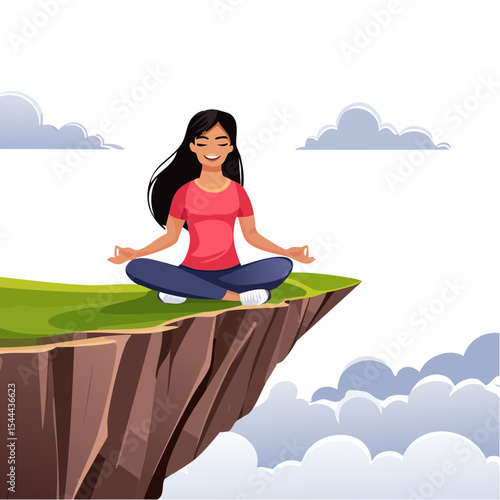 Woman meditating on mountain cliff above the clouds. Alone travel healthy lifestyle