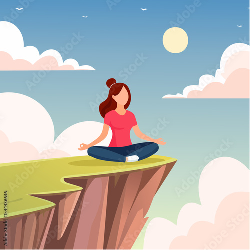Woman meditating on mountain cliff above the clouds. Alone travel healthy lifestyle