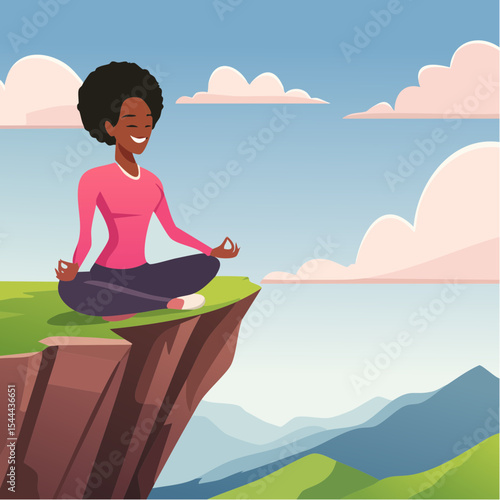 Woman meditating on mountain cliff above the clouds. Alone travel healthy lifestyle