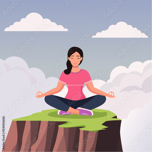 Woman meditating on mountain cliff above the clouds. Alone travel healthy lifestyle