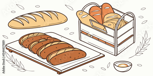 Vector illustration of various fresh baked bread, pastries, and buns for breakfast or snack