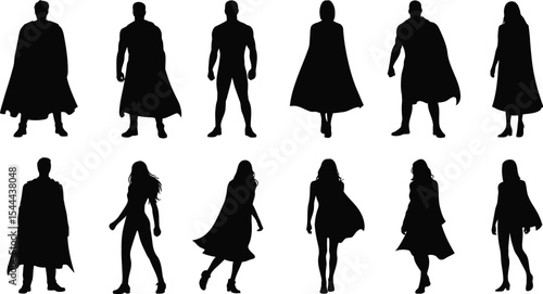 Silhouette of superhero figures with capes and costumes on white background