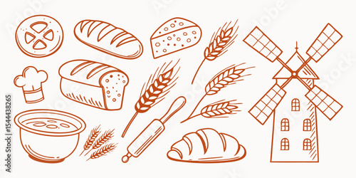 Food icons vector illustration set featuring seamless patterns of bakery, meat, fish, and sushi perfect for restaurant and meal designs