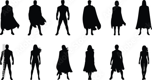 Silhouettes of superheroes and heroines standing in various poses