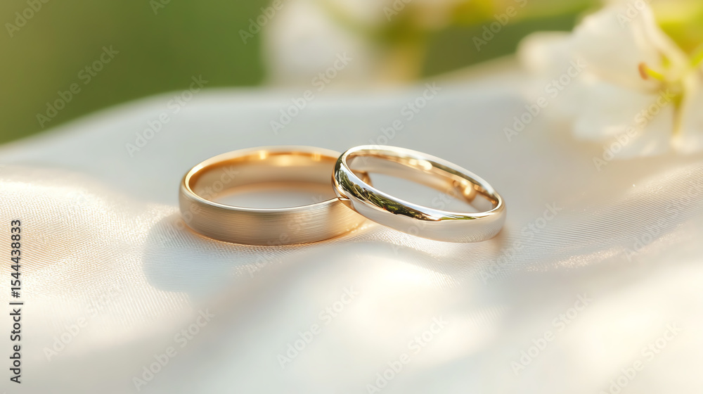 Elegant wedding rings symbolizing love and commitment, resting on soft fabric with a blurred floral background. Elegant wedding rings symbolizing love and commitment, resting on soft fabric with a blurred floral background.