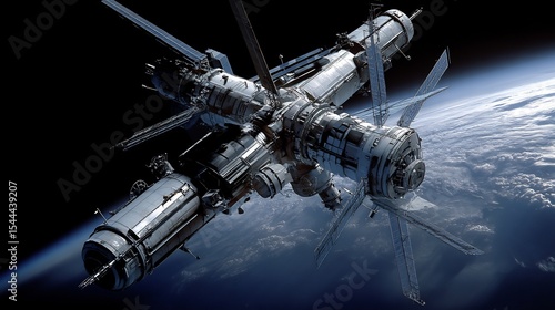 Fototapeta Naklejka Na Ścianę i Meble -  Spectacular rendering of a space station orbiting planet earth in deep space