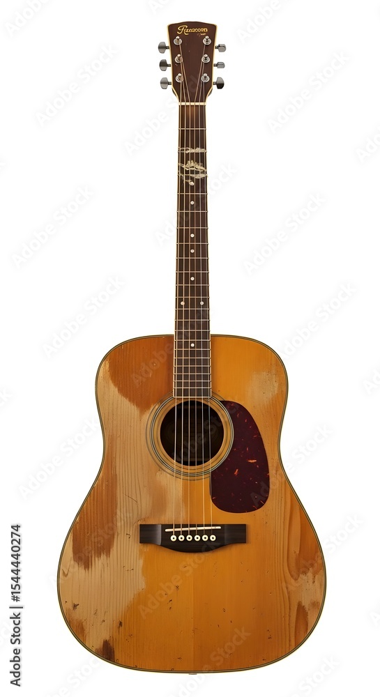 Fototapeta premium unbranded old vintage worn distressed wooden acoustic guitar isolated against a white background. antique guitar, isolated guitar, classic guitar, white background, guitar on white, aged guitar